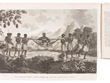 an open book with a picture of a group of people holding a flag