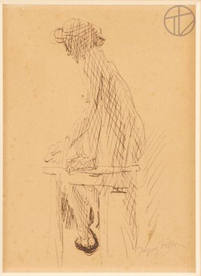 an old drawing of a man sitting on a stool