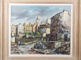 une peinture à l'huile représentant une ville en ruines avec une église en arrière-plan