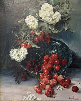 une peinture à l'huile représentant des cerises et des fleurs dans un bol posé sur une table