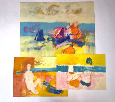 trois tableaux représentant des personnes assises sur une plage au bord de la mer