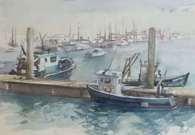 a painting of boats docked at a dock in the water