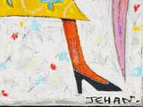 a painting of a woman in a yellow dress holding a umbrella