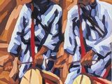 tableau représentant deux percussionnistes jouant du tambour dans un décor désertique
