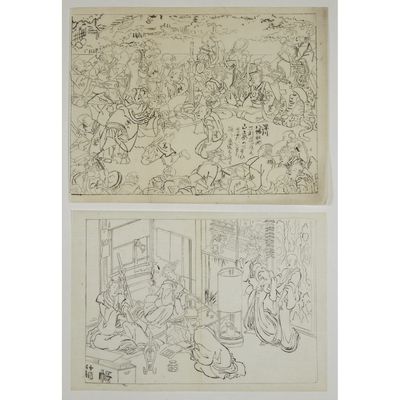 two drawings of people sitting in a room, one of them is a man and the other is a woman