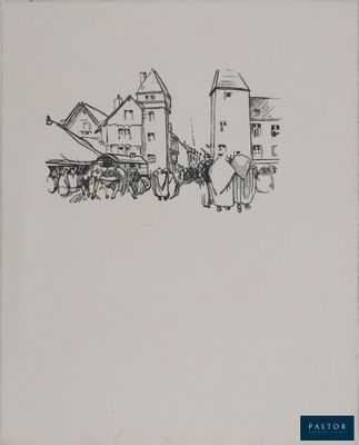 une image représentant un dessin d'une calèche devant une maison