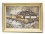an image of a painting of a farm scene with a woman and a horse