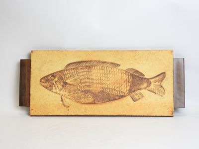a brown box with a fish on it sitting on a white surface