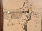 framed drawing of a man in uniform standing in front of a fence
