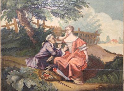 painting of two women sitting on a bench in a wooded area