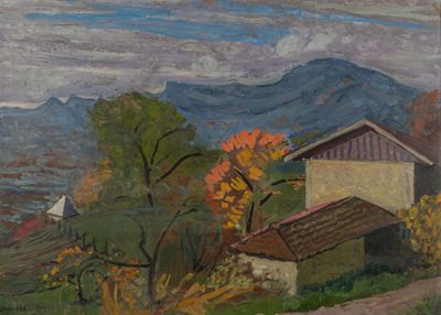 painting of a landscape with a house and mountains in the background