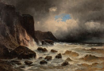 une image représentant un tableau où l'on voit des vagues se briser contre une falaise rocheuse