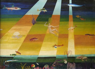 a painting of a woman in the ocean with fish