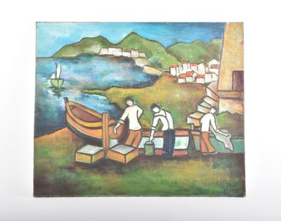 tableau représentant un groupe de personnes sur une plage, avec un bateau dans l'eau