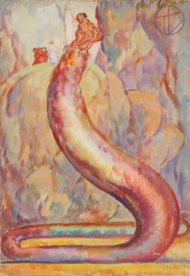 an oil painting of a snake on a table next to a plant