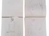 three sketches of a woman sitting on a chair and a man sitting on a chair