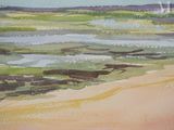 a watercolor painting of a beach scene with a boat in the water