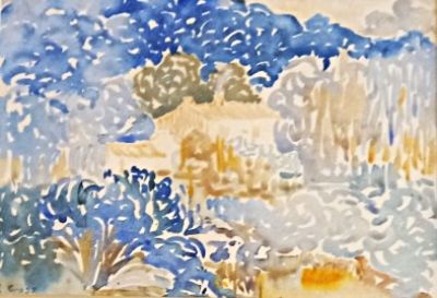 a watercolor painting of trees and bushes in a field