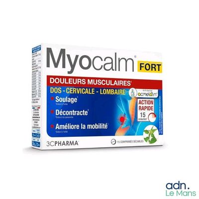 la face avant d'une boîte de comprimés Myocalm Fort sur fond blanc