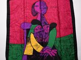 painting of a woman sitting on a chair with a pink and green background