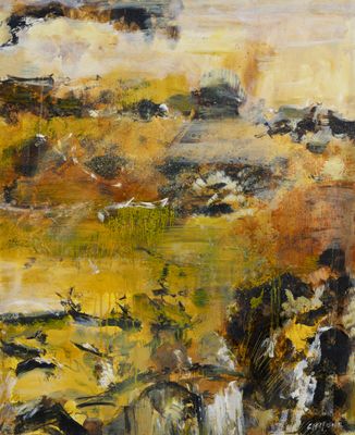 une peinture à l'huile représentant un paysage avec une cascade au centre