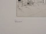 pencil drawing of a house with a fence and bushes in front of it