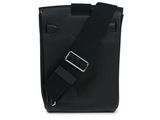 a black leather shoulder bag with a metal buckle on the front