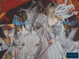 a painting of a woman riding a horse with a crown on her head