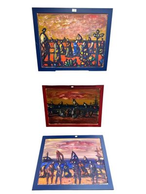 three framed paintings of horses and a man on a horse drawn carriage
