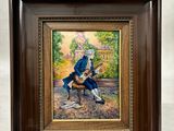 painting of a man sitting on a bench with a dog