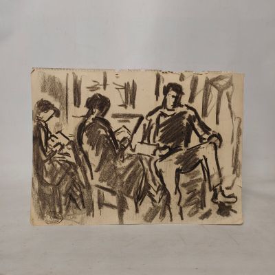 dessin d'un groupe de personnes assises autour d'une table dans une pièce
