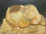 une peinture à l'huile représentant une femme endormie sur un lit, un livre à la main