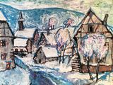 painting of a village in winter with snow on the ground