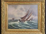 an oil painting of a sailboat in rough water with other boats in the background