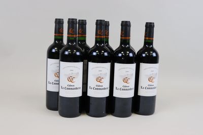 six bouteilles de vin rouge sont alignées sur une surface blanche