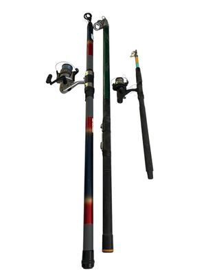 two fishing rods and a fishing rod on a white background