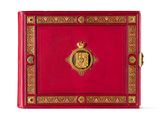 an image of a red book with gold trim and a crown on the cover