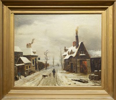 une image représentant un tableau d'une rue enneigée avec une calèche