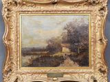 une peinture d'un paysage avec une maison au loin