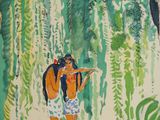a painting of a woman playing a flute in the woods