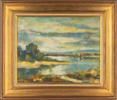 a painting of a landscape with a river and trees in the background