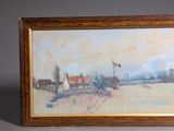 framed picture of a painting of a farm scene with a flag flying in the sky