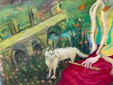 a painting of a woman sitting on a bench with a dog