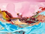 a painting of a man riding a boat in the water