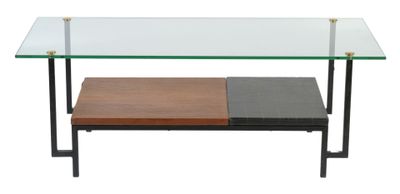 a glass and metal coffee table with a shelf underneath it