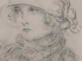 drawing of a woman in a hat and scarf with a flower in her hand