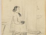 an old drawing of a woman standing in front of a window