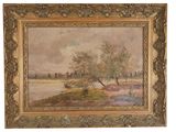 a painting of a river scene with a boat in the water