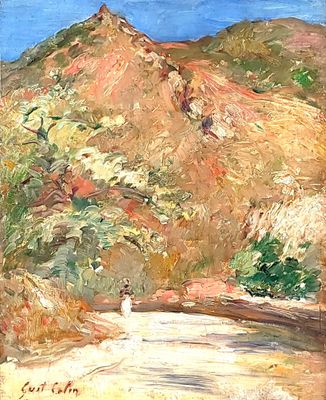 a painting of a person walking down a dirt road