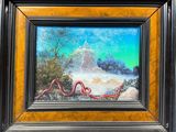 peinture à l'huile encadrée représentant un paysage avec un serpent rouge au premier plan et un château à l'arrière-plan